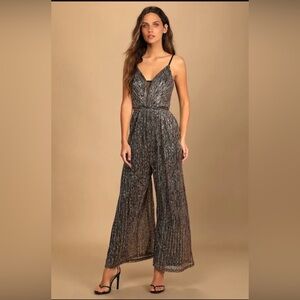 Lulus Disco Party Black Multi Metallic Wide-leg Jumpsuit - Size XXL